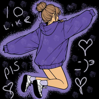 realistic girl jumping with a bun and oversized sweatshirt