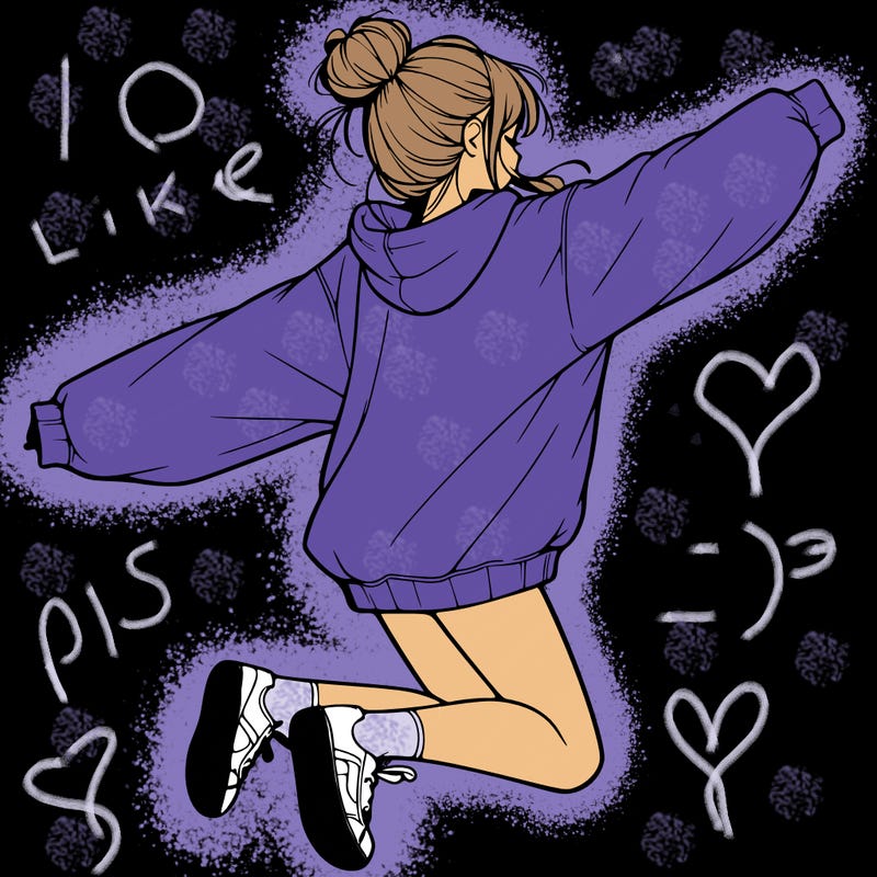 realistic girl jumping with a bun and oversized sweatshirt