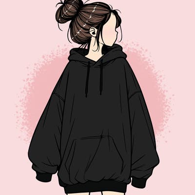 realistic girl with a oversized sweatshirt on and a bun