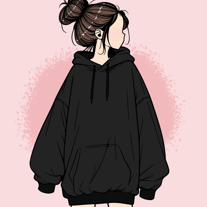 realistic girl with a oversized sweatshirt on and a bun