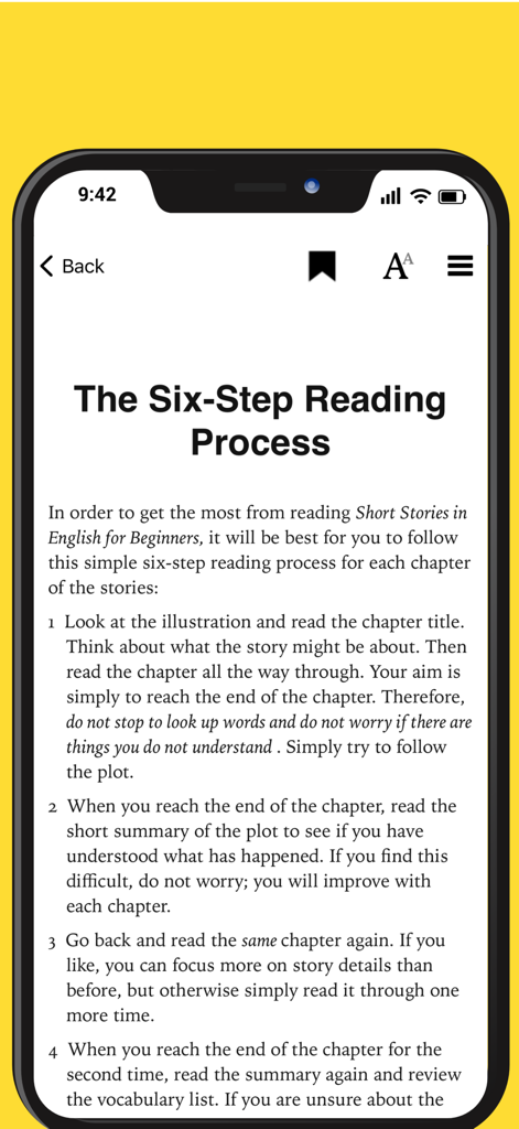 Una pantalla de smartphone que muestra el proceso de lectura de seis pasos para un aprendizaje eficaz de idiomas dentro de la aplicación Lecturas Graduadas en Idiomas Extranjeros.