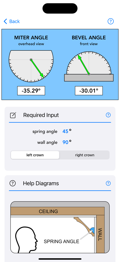 Construction Calc - Construction Calc app screen for calculating miter and bevel angles with help diagrams