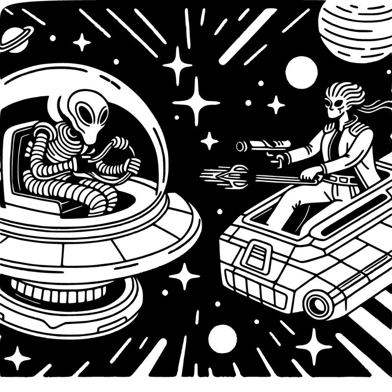 alien in a spaceship versus a woman in a space ship cool comic theme in space