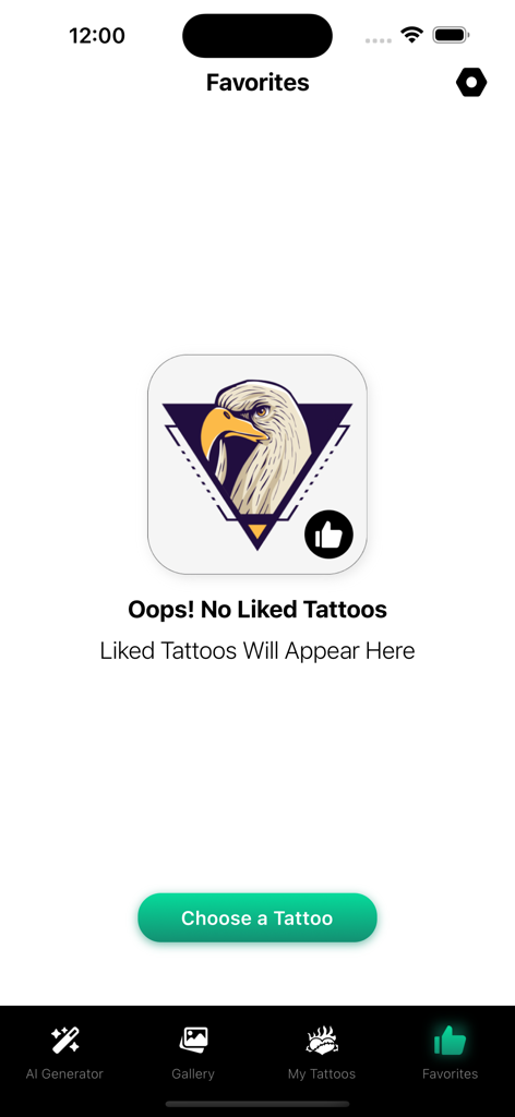 Tattoo Ai -  Art Maker - The Favorites screen of the Tattoo Ai app showing an empty state with an eagle illustration and a Choose a Tattoo button.