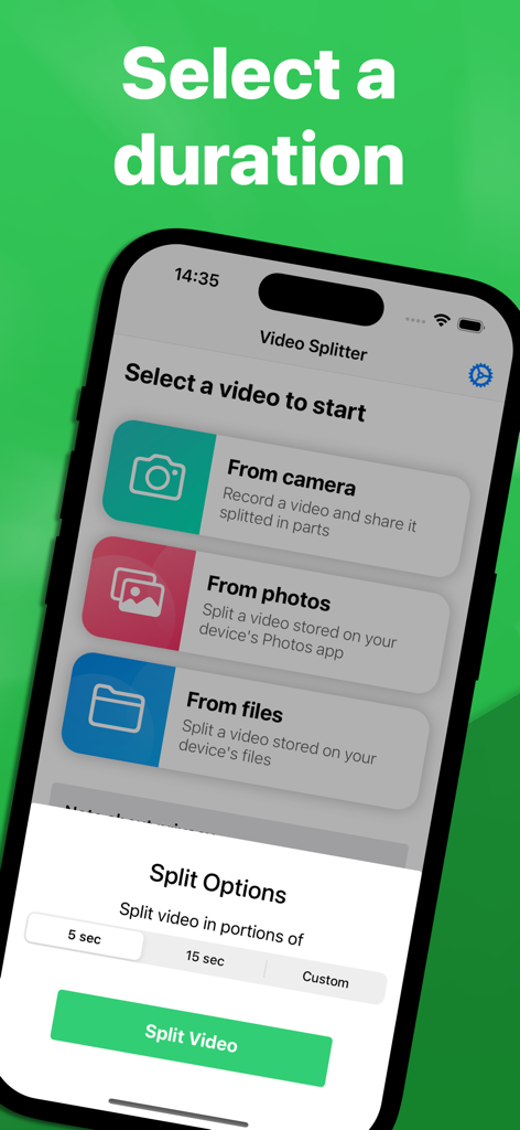 Video Splitter: Longer Stories - Interface of the Video Splitter app showing video source selection and split duration options