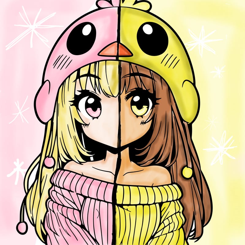 anime girl with chick shaped hat with sweater with bare shoulders with bangs covering them one eye with low tail