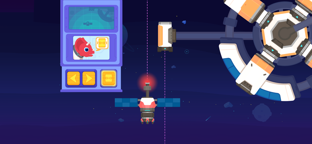 A dinosaur astronaut in a spaceship control panel during a space station mission