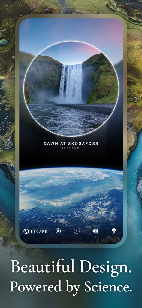 Portal app interface displaying a circular view of Skogafoss waterfall in Iceland.