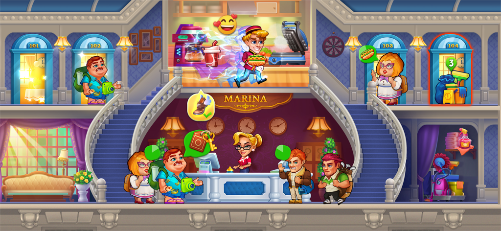 Dream Hotel: Hotel Manager - A busy hotel lobby in Dream Hotel Manager where staff serve food and check in guests