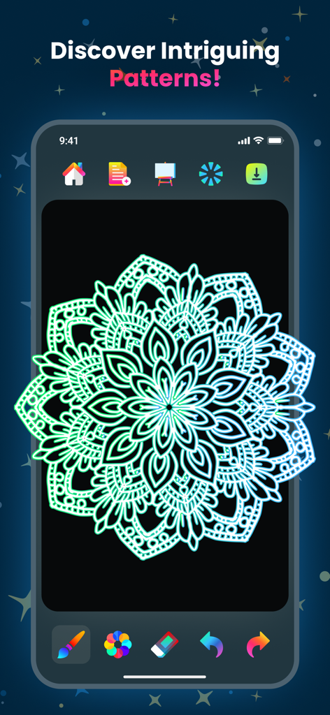 A glowing neon mandala pattern on a dark background within the Doodle Magic app interface