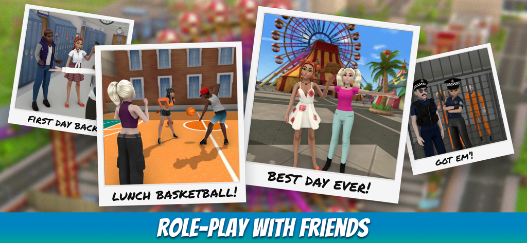 Virtual Sim Story: Life & Home - Uma colagem mostrando personagens avatares em vários cenários de roleplay, como esportes escolares e um carnaval