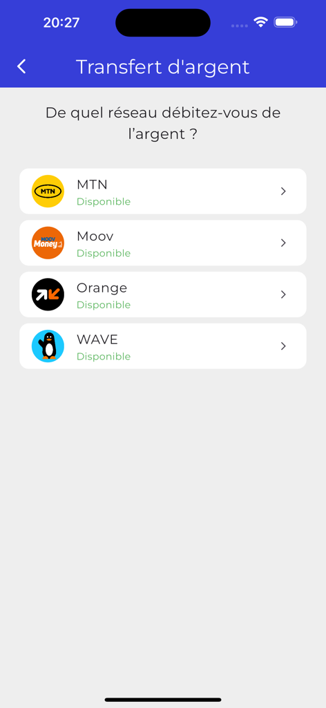 WalliSend - Tela do aplicativo móvel WalliSend para selecionar uma rede de transferência de dinheiro, incluindo MTN, Moov, Orange e Wave