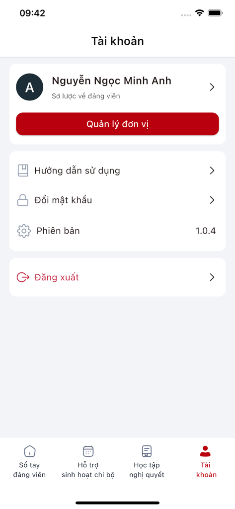 Benutzerkonto- und Einstellungsbildschirm der iCPV Book Mobile App mit Profilinformationen und Verwaltungsoptionen