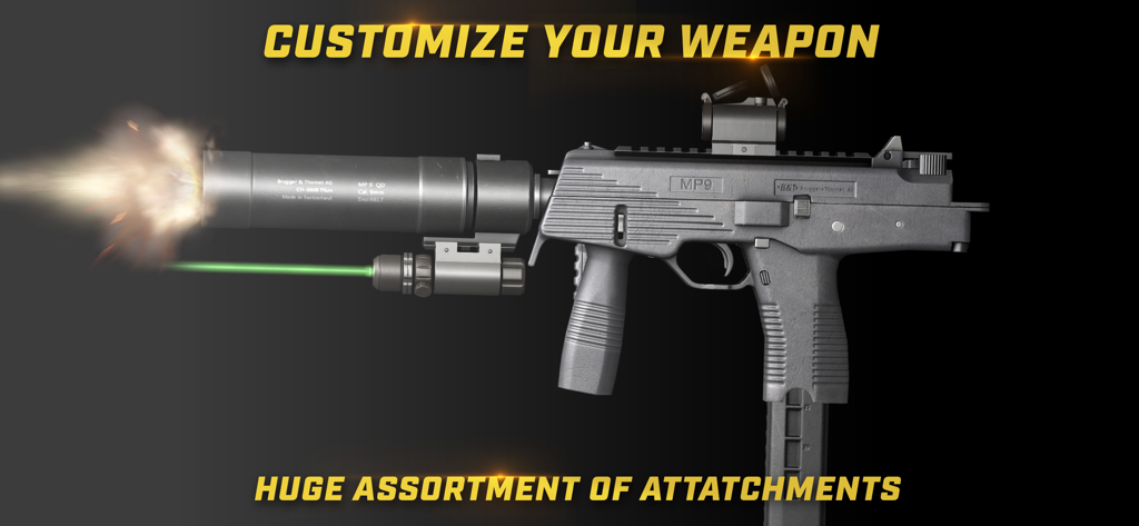 Realistic MP9 submachine gun customization in iGun Pro 2 with tactical attachments and muzzle flash