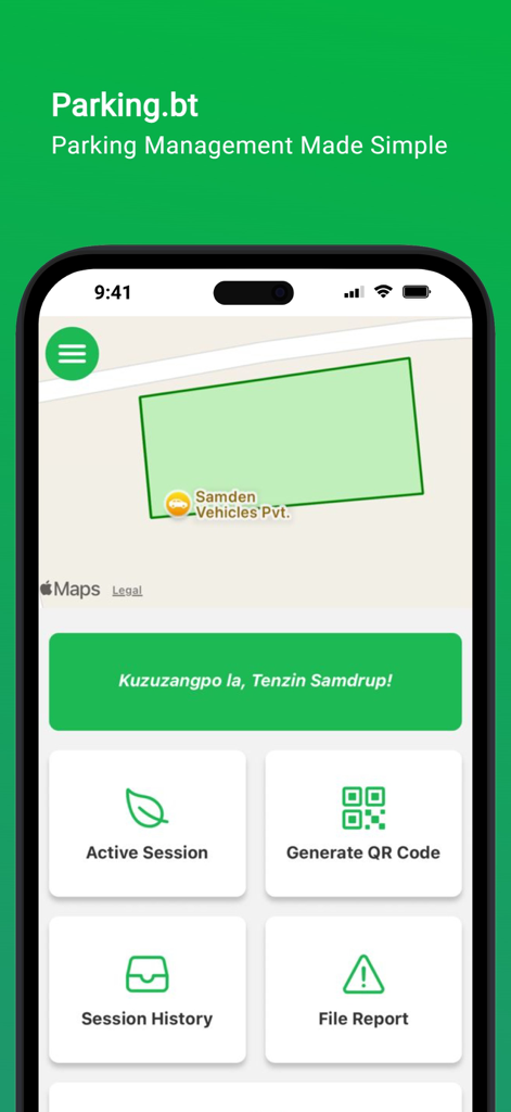 Parking.bt - Parking.bt mobile app interface showing a map and main menu options like Active Session and Session History