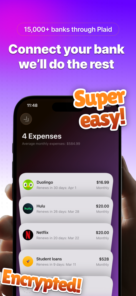 Subbie - Money Calendar - Interface of the Subbie app showing bank connection through Plaid and a list of recurring subscriptions and loans