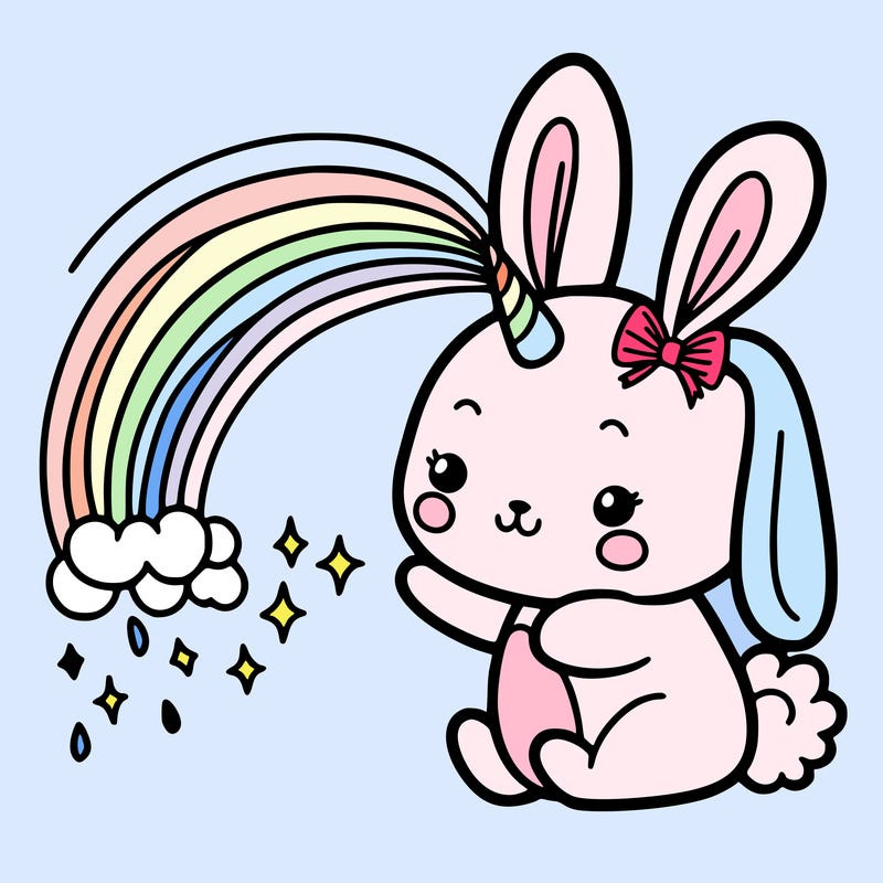 bunny with unicorn horn shooting out rainbow