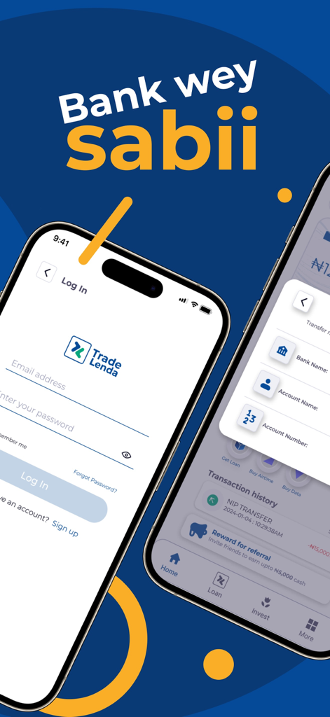 Trade Lenda mobile App Login-Bildschirm und Transaktionsverlauf auf einem iPhone angezeigt