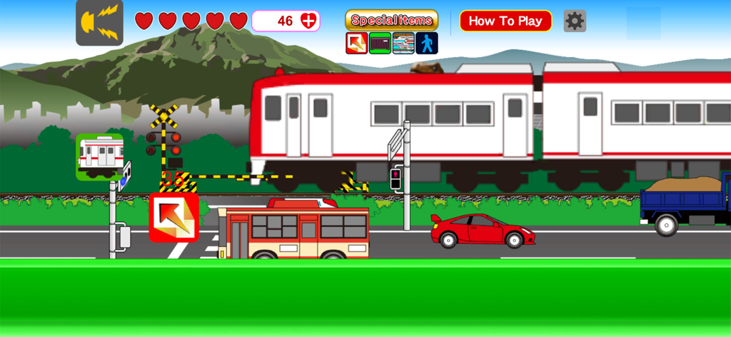 Working Car Vroom S - Cartoon train and bus at a railroad crossing in a kids game