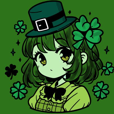 a manga-style girl with clovers around her, a little hat in her hair, like it's saint patrick's day