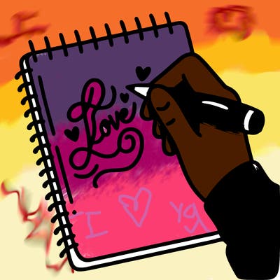 a hand writing “love” in calligraphy on a notebook