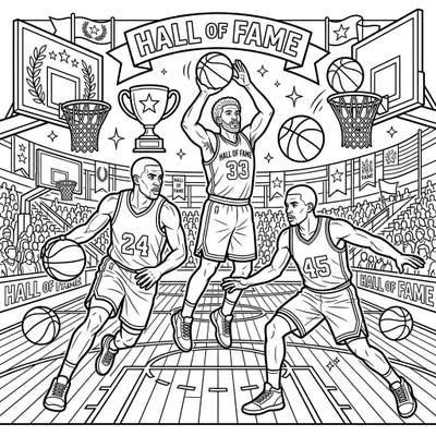 Immerse yourself in the world of basketball legends with this Hall of Fame coloring page. Featuring three iconic players in dynamic action, it's perfect for sports enthusiasts of all ages.