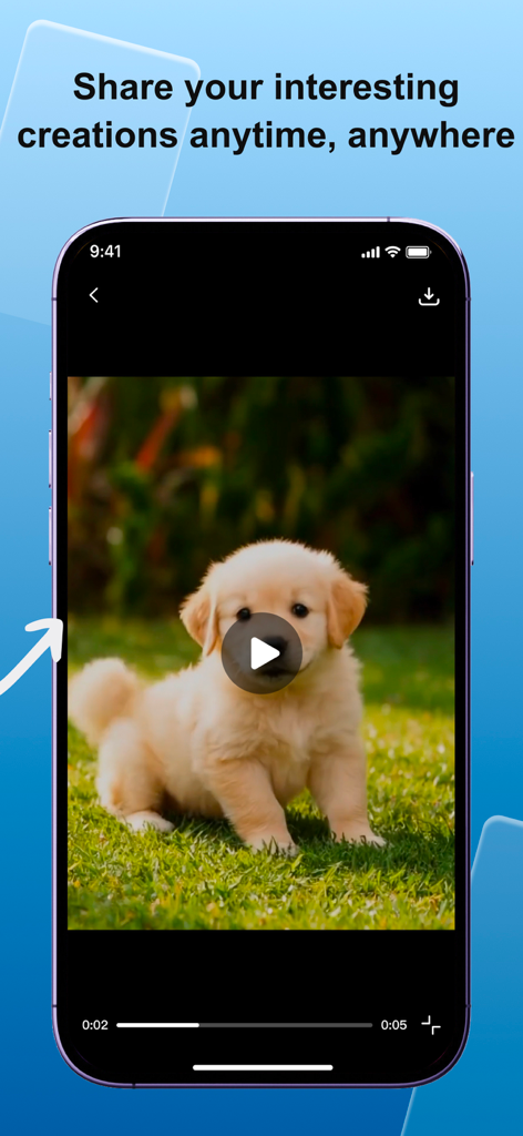 VidMax-AI Reshape,Photo,Video - VidMax mobile app interface displaying a video of a golden retriever puppy with text about sharing creations anytime anywhere