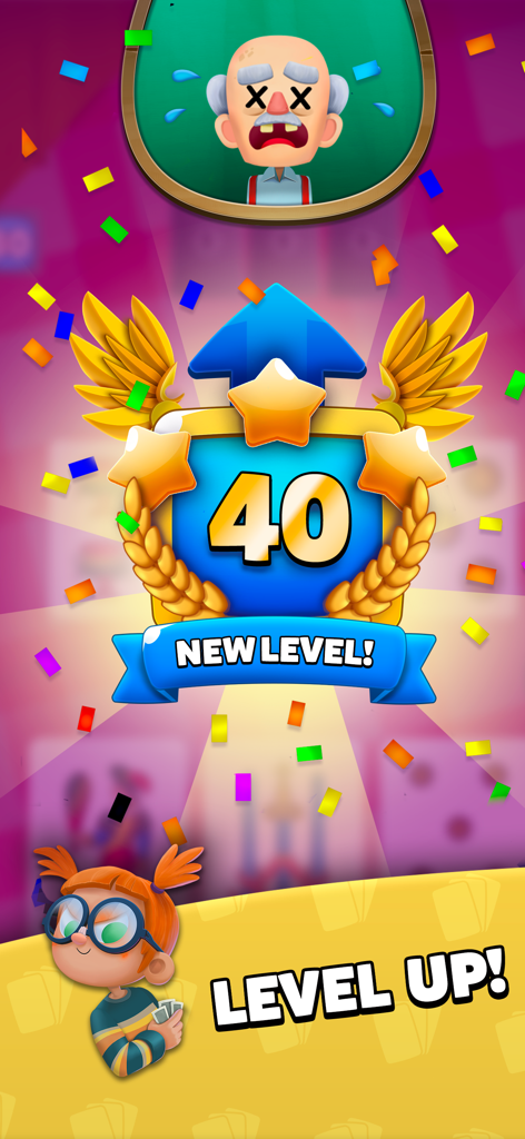 Briscola Dal Negro - Level up celebration screen in Briscola Dal Negro showing level forty with animated characters and confetti