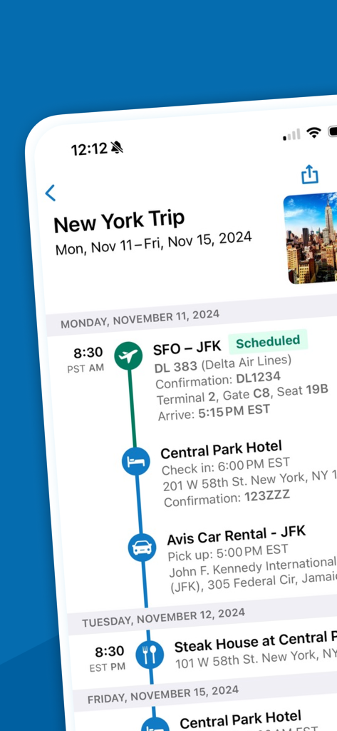 TripIt: Travel Planner - Tela do aplicativo TripIt mostrando um itinerário de viagem de Nova York com detalhes de voo, hotel e aluguel de carro