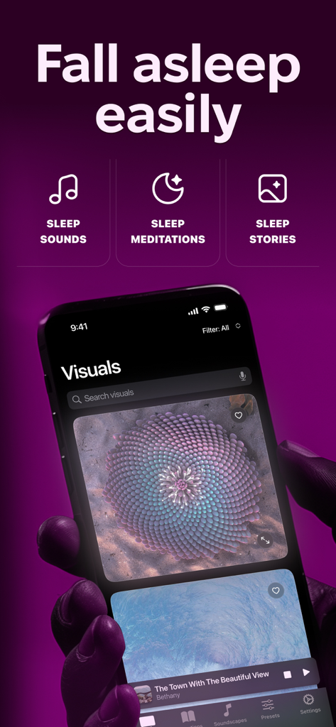 Mesmerize - Visual Meditation - Smartphone displaying the Mesmerize app interface with hypnotic visuals and sleep meditation categories.