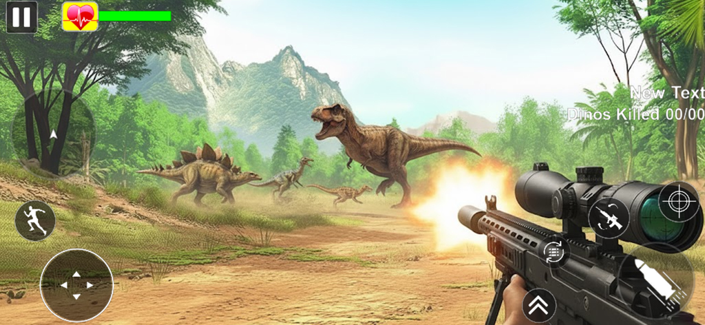 Dinosaur Hunter Deadly Shores - Vista en primera persona de un rifle de francotirador apuntando a un T-Rex y otros dinosaurios en un entorno de jungla
