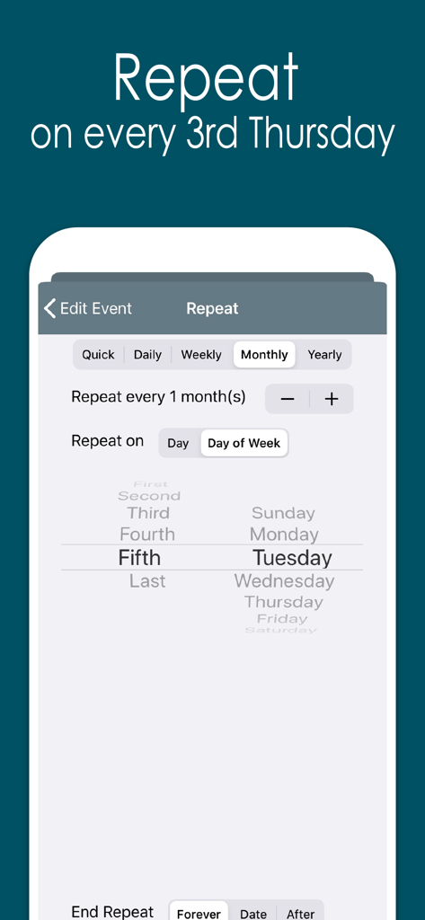Interface de l'application Awesome Calendar montrant les options de répétition personnalisées pour les tâches répétitives certains jours de la semaine