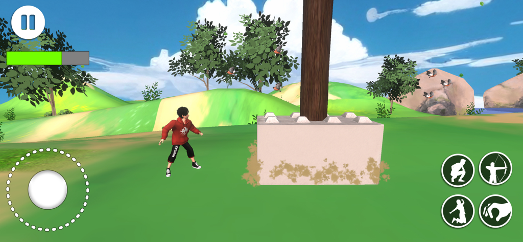 The Escape Story Inside Game - A character in a red hoodie exploring a bright green hilly landscape in The Escape Story Inside Game