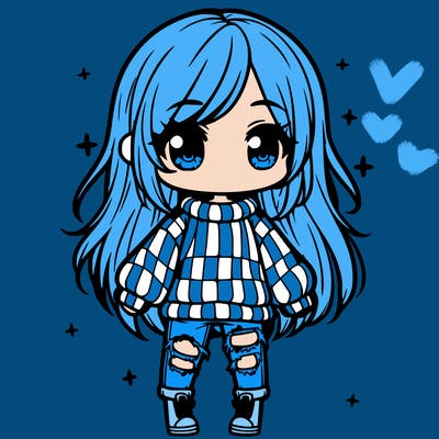 chibi girl with ripped jeans,long hair, and an oversized sweater