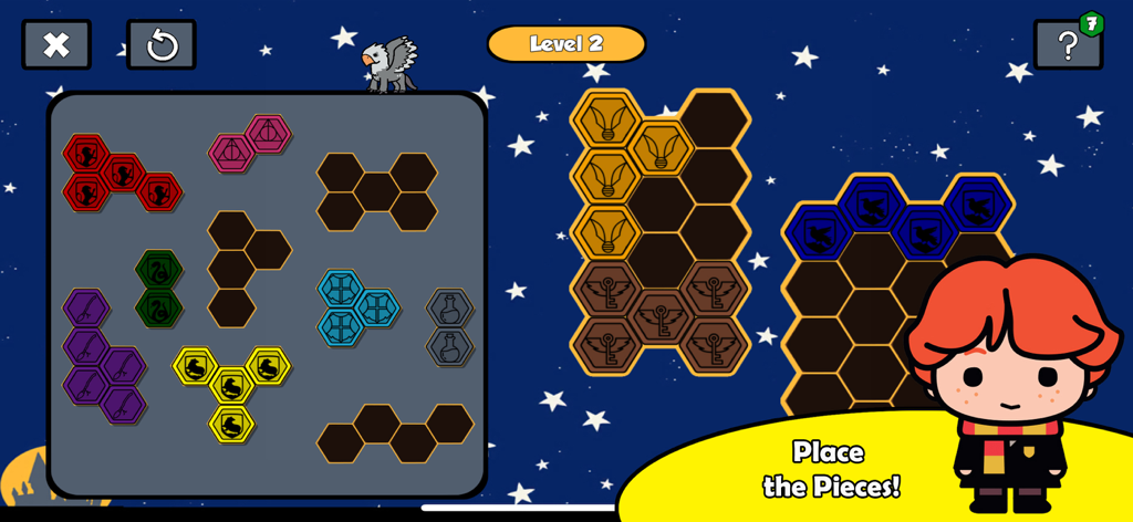 HP Wizarding Quiz - Pantalla de puzzle de colocación de bloques en Cuestionario de Magos HP con un mago de dibujos animados y piezas de magia hexagonales.