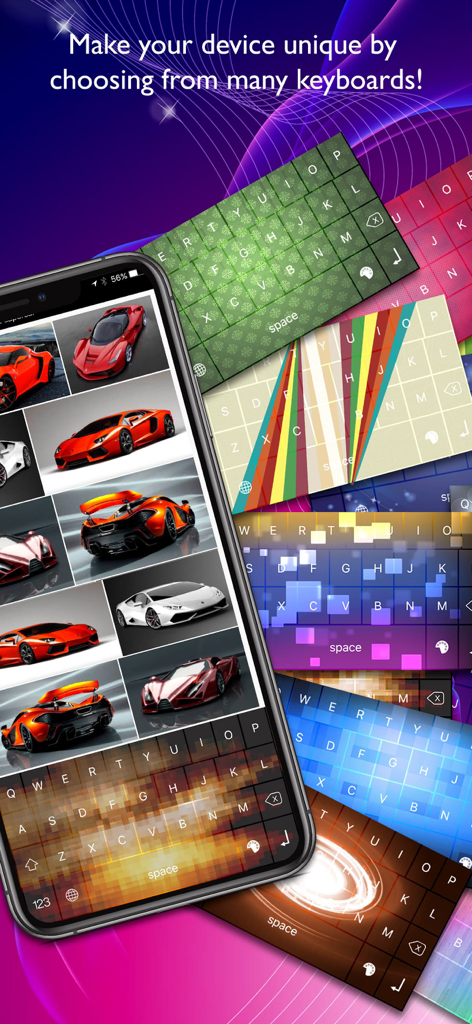 Color your keyboard - custom - An iPhone displaying various custom keyboard themes with vibrant colors and sports car designs