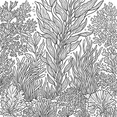 Dive into a detailed underwater world with our Marine Plants & Algae coloring page. Discover intricate kelp forests, flowing seagrass, and diverse ocean flora, ready for your creative touch.