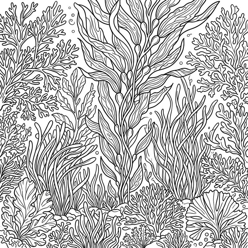 Dive into a detailed underwater world with our Marine Plants & Algae coloring page. Discover intricate kelp forests, flowing seagrass, and diverse ocean flora, ready for your creative touch.