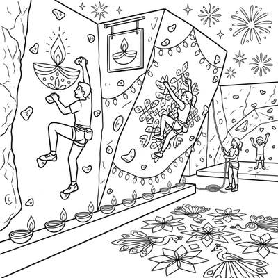 Experience the joy of Diwali merged with the thrill of indoor climbing in this festive coloring page. Watch climbers scale walls adorned with diyas and rangoli, ready for your artistic touch.