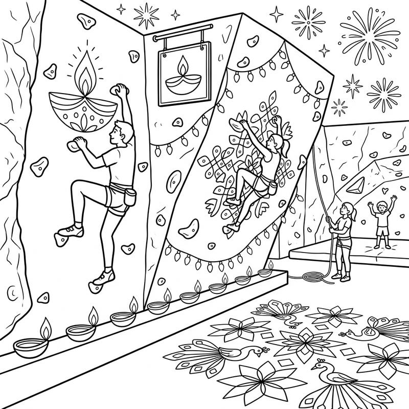 Experience the joy of Diwali merged with the thrill of indoor climbing in this festive coloring page. Watch climbers scale walls adorned with diyas and rangoli, ready for your artistic touch.