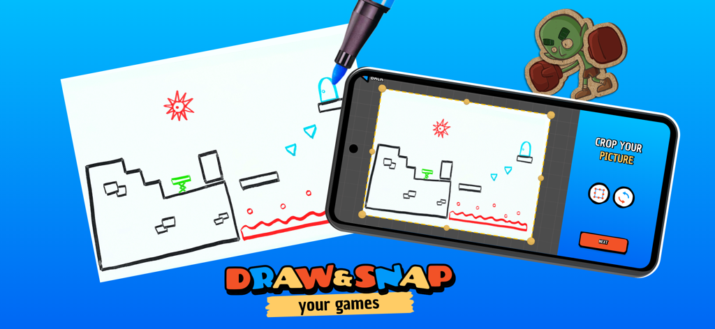 Draw Your Game Infinite - Person drawing a platformer game level on paper and using a smartphone to scan and crop the image into the app