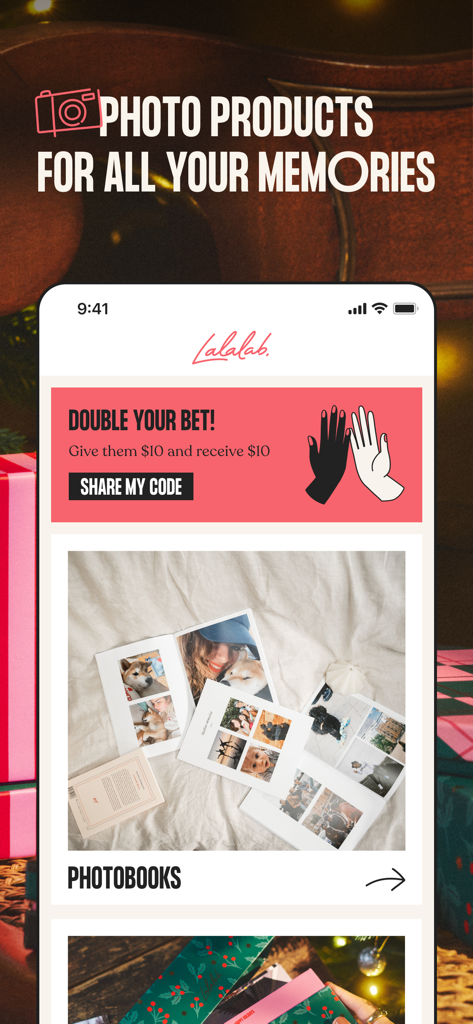 Lalalab - Photo printing - Lalalab mobile app interface displaying photo products and photobooks section