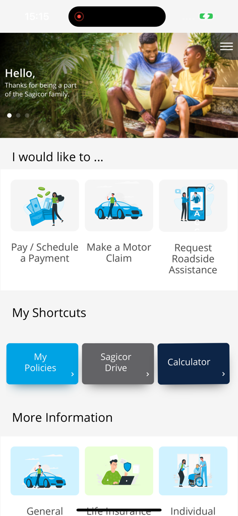 Sagicor Go app home screen featuring policy management and payment shortcuts