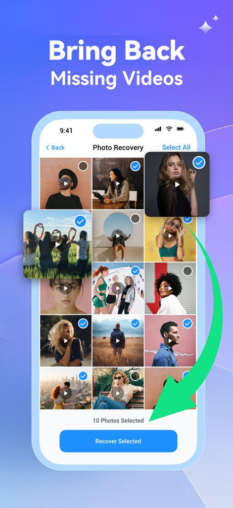 A mobile interface for the Photo Recovery app showing a selection of videos to be restored with a blue recover button