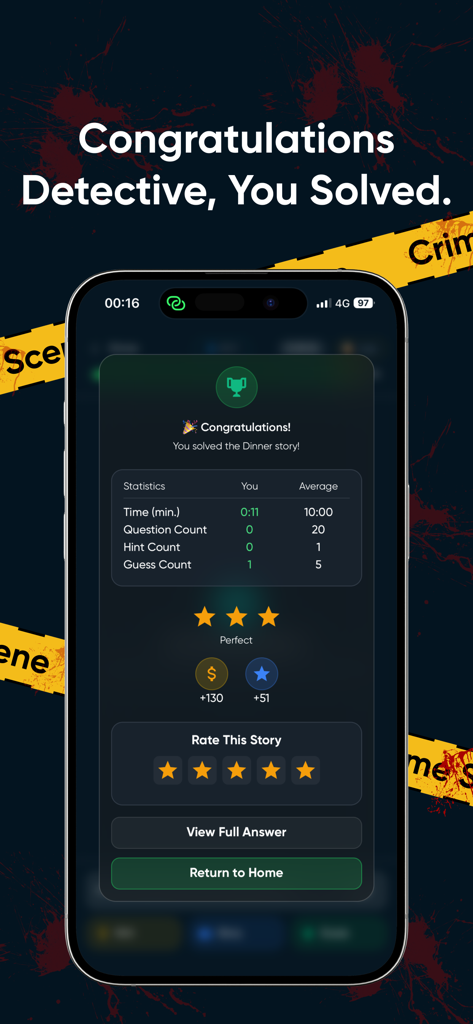 What Happened? Be a detective! - 탐정 게임에서 미스터리 통계와 보상을 보여주는 축하 화면