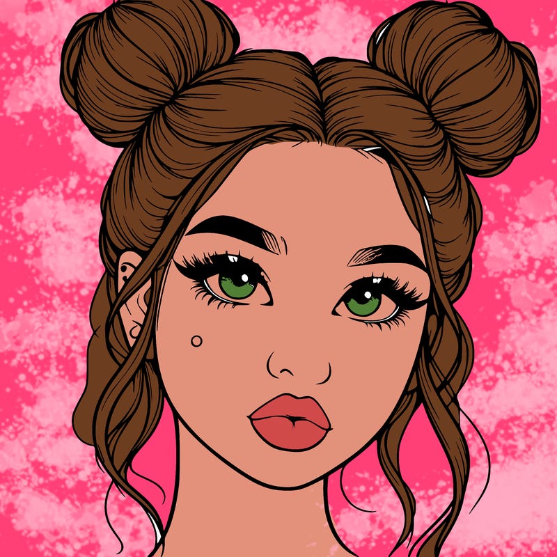 realistic girl with two buns on her hair and lips