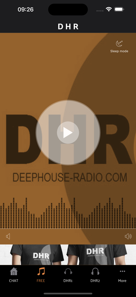 Deep House Radio DHR - Interfaccia dell'app Deep House Radio che mostra il lettore musicale con un pulsante di riproduzione e un visualizzatore audio