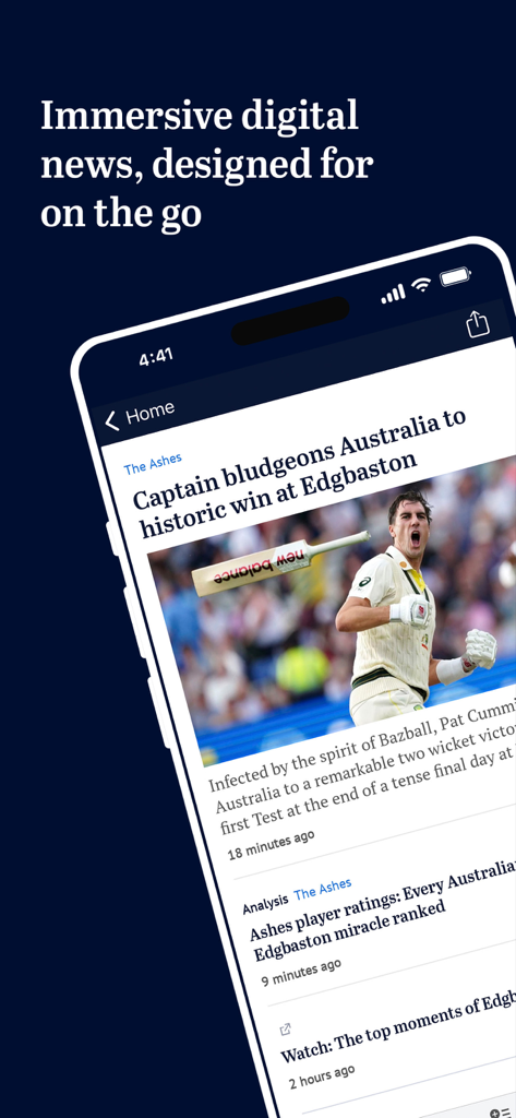 Ein Smartphone-Bildschirm, der einen Sportnachrichtenartikel aus der The Age App anzeigt