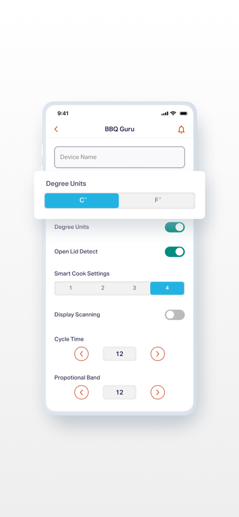 BBQ Guru - The settings screen of the BBQ Guru app showing options for temperature units, lid detection, and smart cook settings.