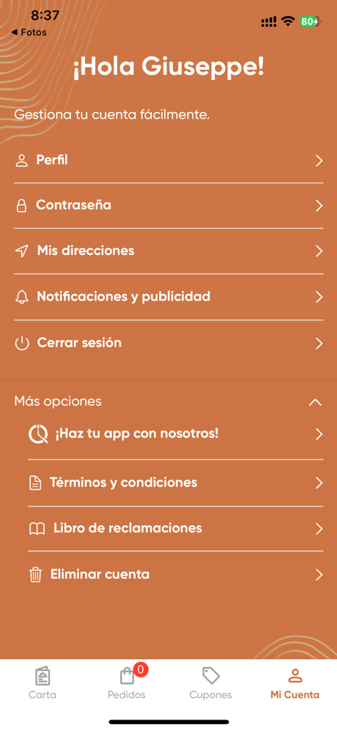 Donde Walter - User account management screen of the Donde Walter food app